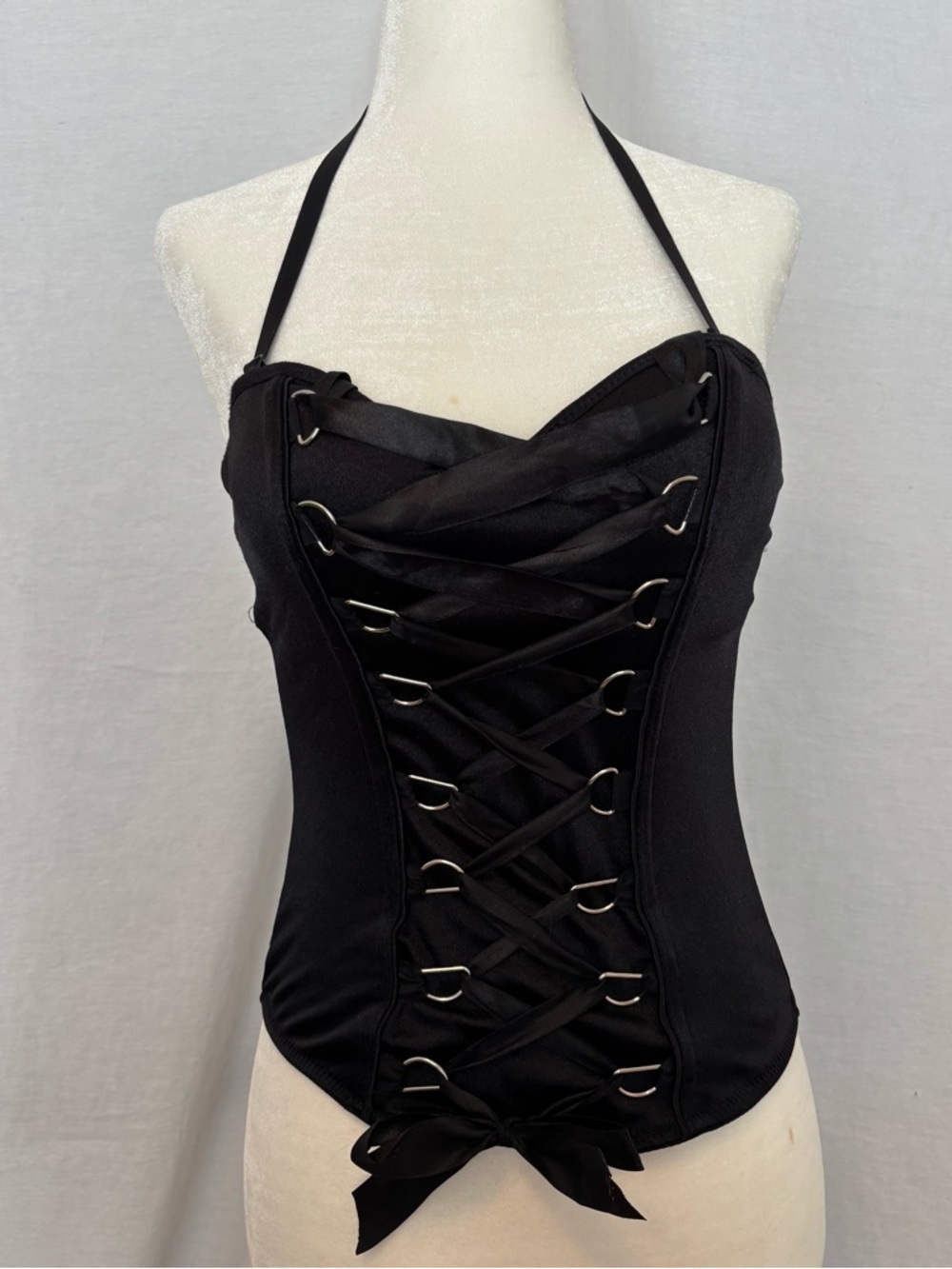 Black Satin Lace Up Corset Med Strapless Bustier Y2K Goth Dark Feminine Clubwear